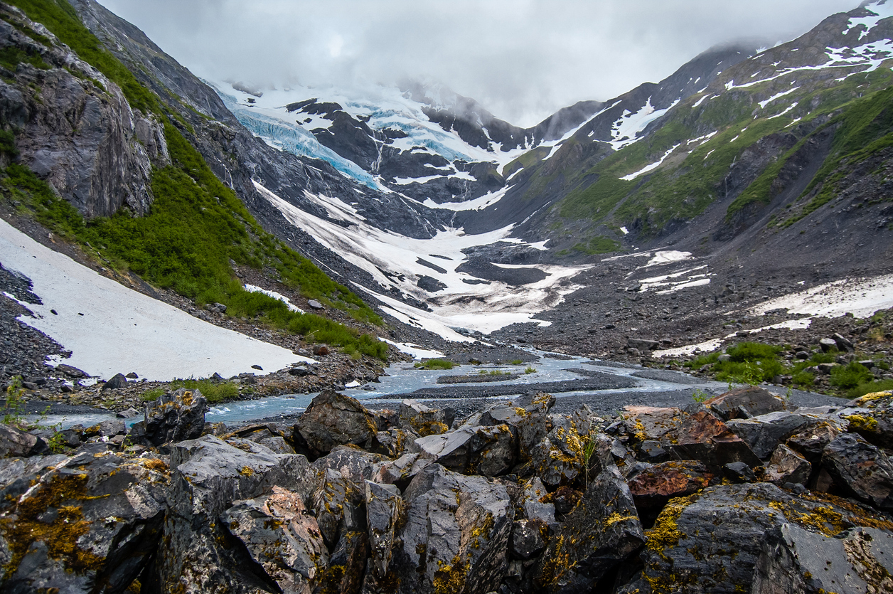 Byron Glacier valley below the mountains