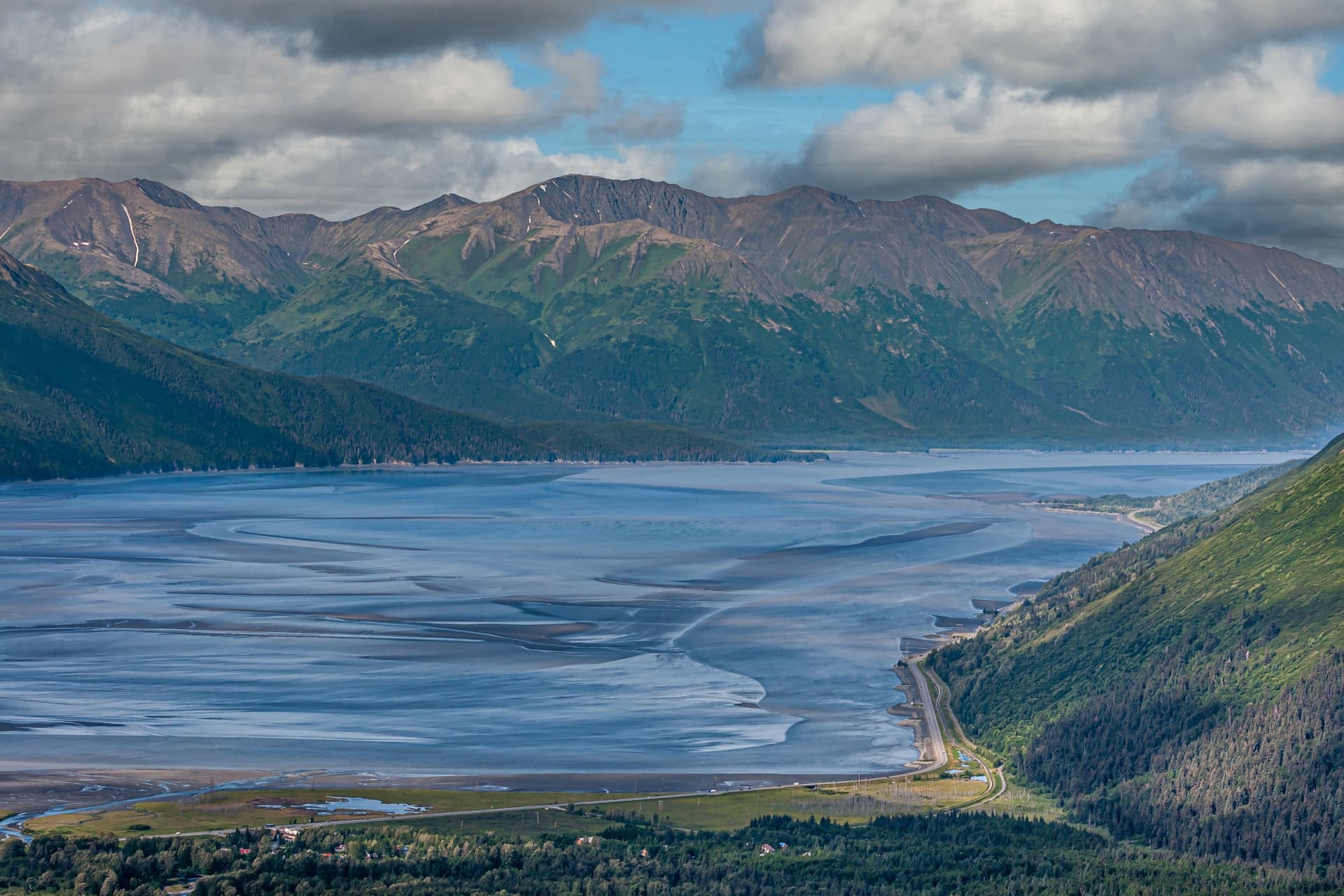 Turnagain Arm tidal flats and the Seward Highway from above